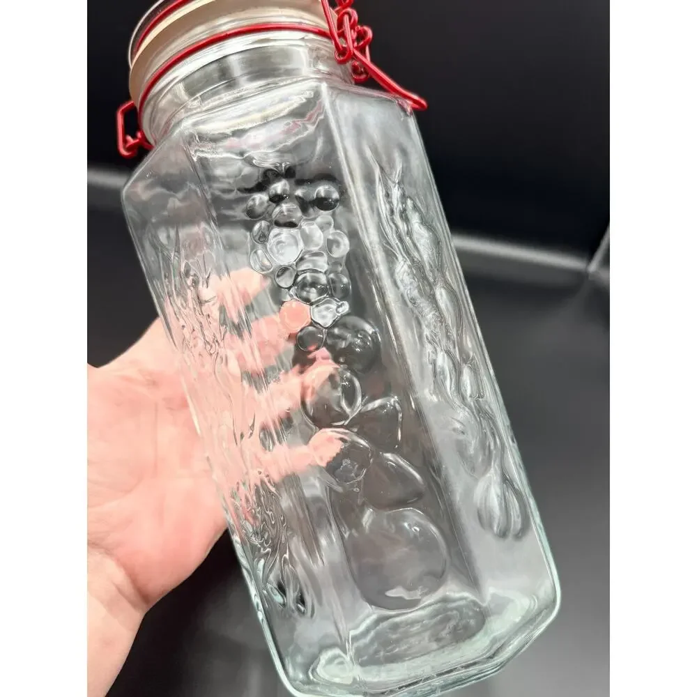 Vintage Glass Storage Jar Octagon Embossed Fruits Vegetable France Red Wire Bale